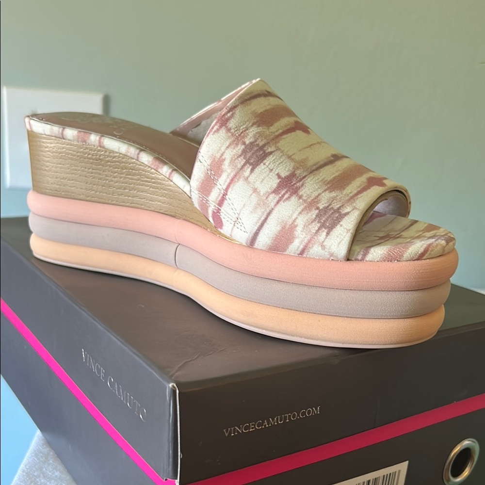 Vince Camuto Pink and Cream Wedge Sandals with Platform Sole
